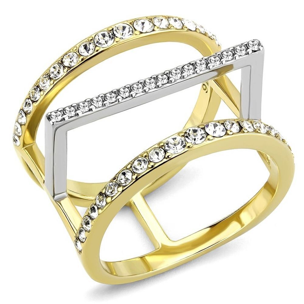 Stainless Steel Two Tone Crystal Art Deco Ring Size 8